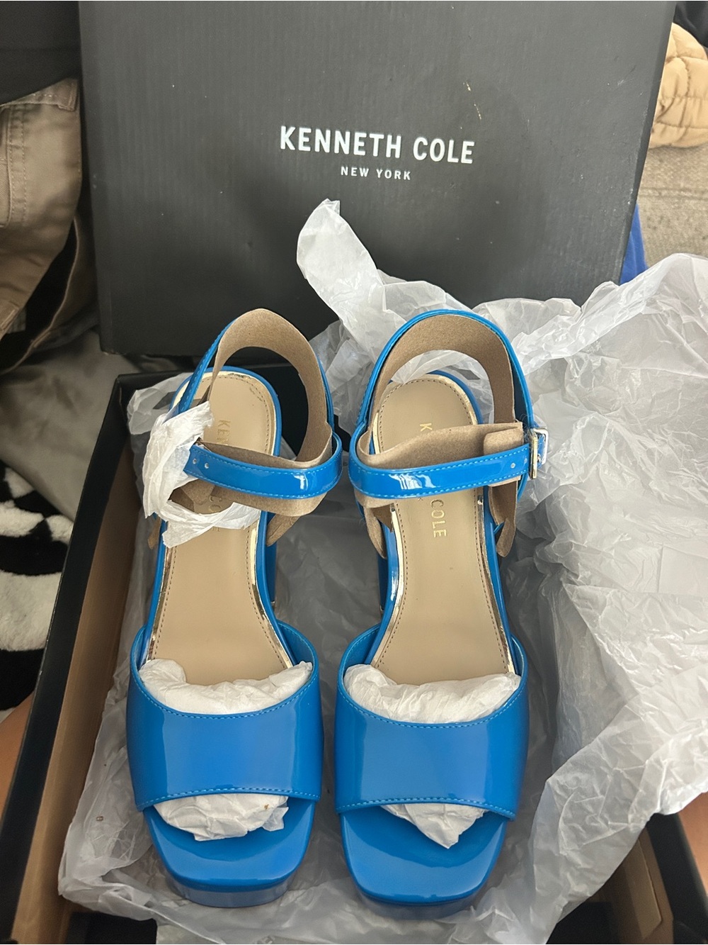 Kenneth Cole Bright Blue Patent Platform Sandals